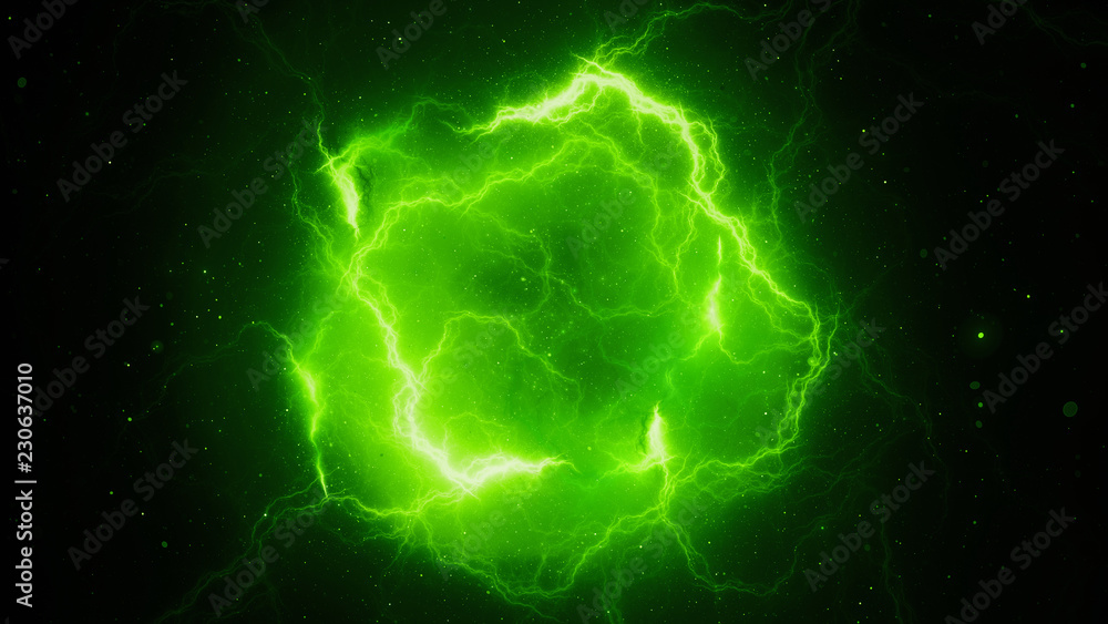 Fototapeta premium Zielone świecące błyskawice wysokiej energii, wygenerowane komputerowo abstrakcyjne tło