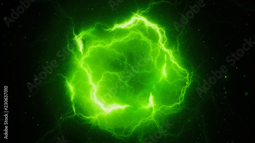 Green glowing high energy lightning, computer generated abstract background