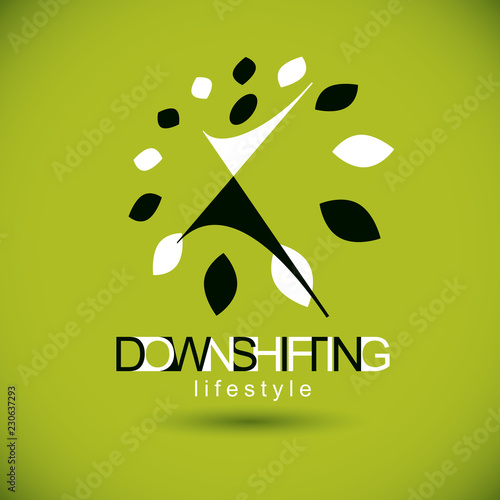 Vector illustration of excited abstract person with raised hands up. Downshifting concept logo. Green tourism icon. Wellness and harmony symbolic logotype.