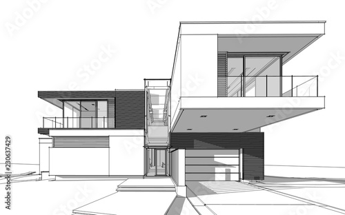 3d rendering sketch of modern cozy house by the river with garage for sale or rent. Black line sketch with soft light shadows on white background © korisbo