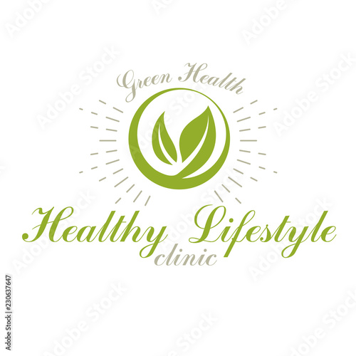 Green spring leaves vector symbol for use in medical and social theme advertisement. Raw food diet vector graphic conceptual logo, no gm theme.