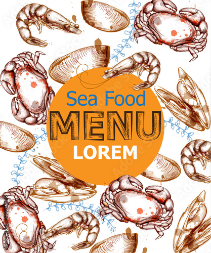 Menu card template crab, mussels, seafood Vector. Fresh banner design line arts