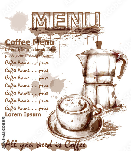Menu card template fresh coffee drink Vector. Coffee cup and kettle design