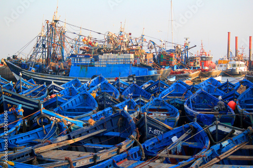 Lots of blue fishing boats in the port of Essaouira, Morocco