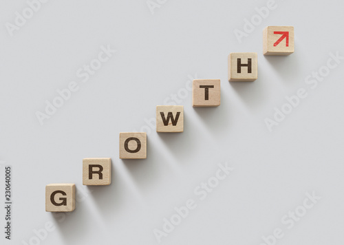 Wooden blocks arranged in stair shape with the word GROWTH. Business growth, career growth or growth concept.