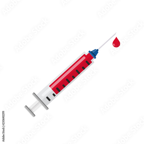 Spritze aus Plastik mit Blut Flat Design Icon isoliert auf weißem Hintergrund