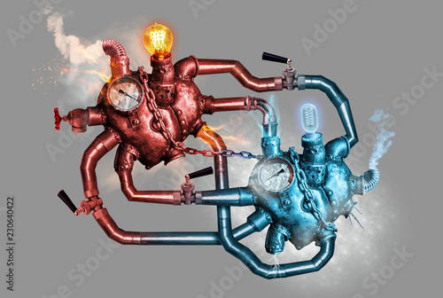 Two hearts of steel connected with the steel pipelines. Love concept. Isolated on grey background.
