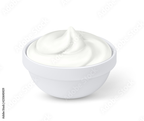 Realistic sour cream in bowl, mayonnaise, yogurt, isolated on white background. Vector illustration