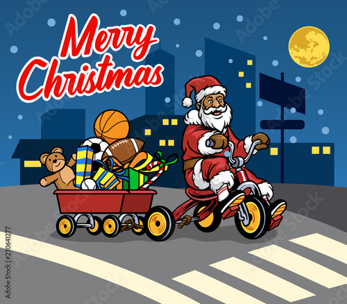Santa Claus Bring Wagon Full Of Christmas Gift By Ride Bicycle