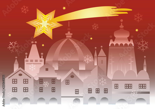 Christmas historic town with bethlehem star. 
Christmas card with the stylized historical bildings from Prague and bethlehem star. Vector available. 