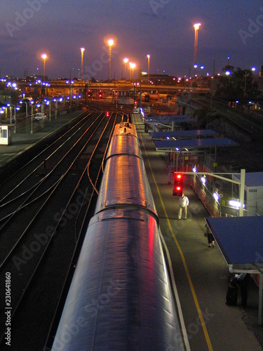 Photography Train at night in railway station of Melbourne. Australia