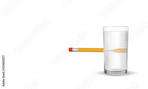 Refraction of light. Water causes light to deflect. So we see the pencil under the water is bigger and different from the actual position. Illustration Vector EPS10 on White background.