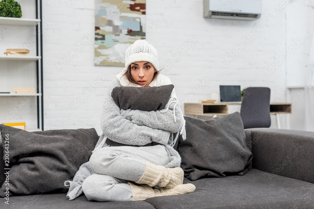 freezed young woman in warm clothes sitting on couch and hugging cushion at home freezed young woman in warm clothes sitting on couch and hugging cushion at home