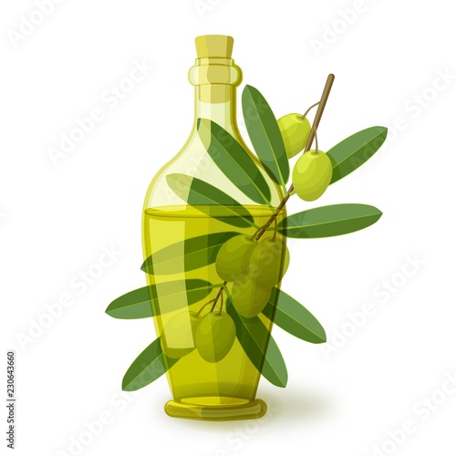 olive branch with bottle of oil