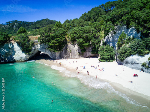 Arial view of Cathedral cove in Coromandel Peninsula, New Zealand photo
