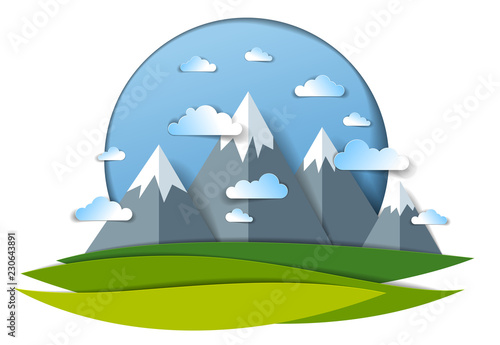 Scenic landscape of mountain peaks range, cloudy sky, summer vector illustration in paper cut kids style. Summer holidays, travel and tourism.