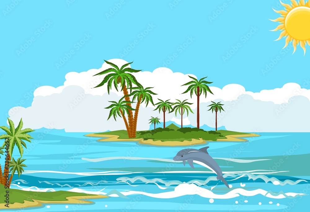   Ocean landscape, dolphins plying in the waves, tropical islands with palm trees in the horizon, vector illustration