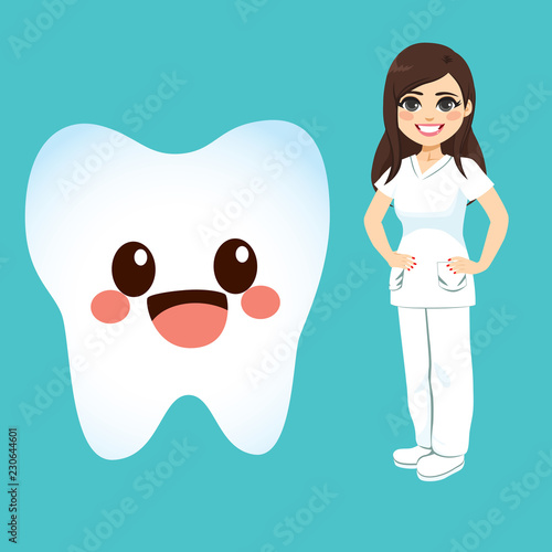 Cute big tooth cartoon character and female dentist standing on green background