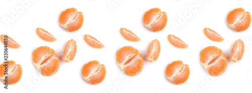 banner pattern peeled mandarin juicy slices on white background