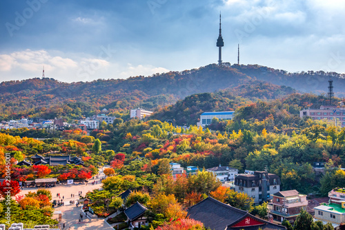 Autumn at namsangol hanok traditional village at seoul south Korea  photo