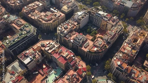 Typical square quarters of Barcelona. Aerial view