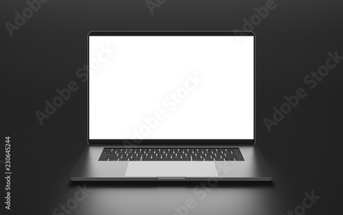 Laptop with blank screen isolated on black background. Whole in focus. Template, mockup.