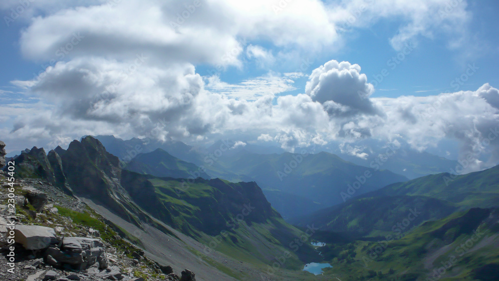 gorgeous mountain landscape with small lakes and a great view of the Alps near Klosters in Switzerland