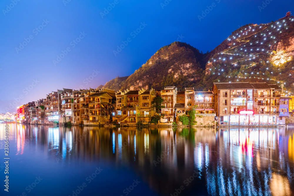 Beautiful nightscape of the ancient city of Zhenyuan..