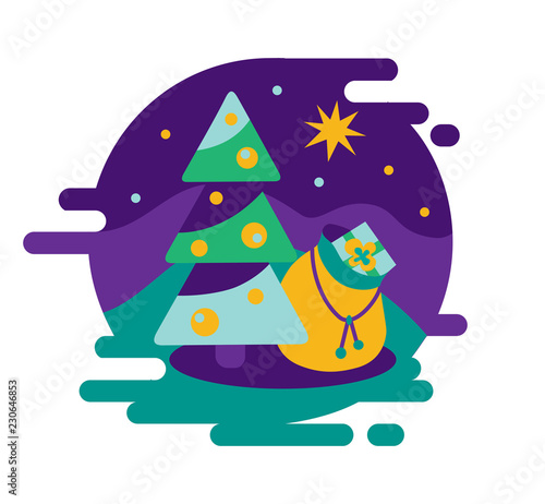 Christmas icon. Christmas tree and gift bag. Flat illustration