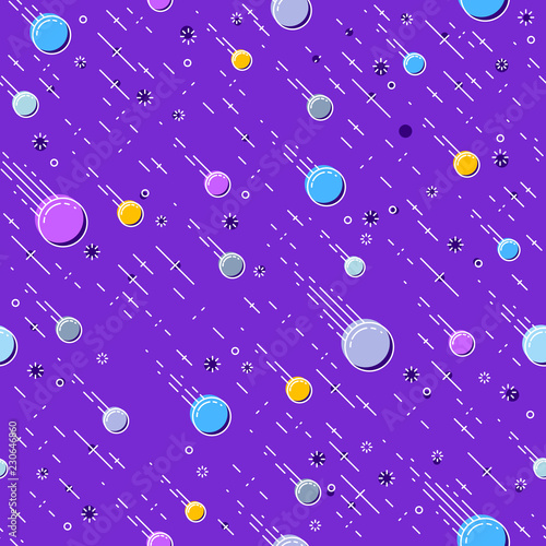 Seamless space background with comets, meteorite rain, cosmos fantastic textile fabric for children, endless tiling pattern, vector illustration.
