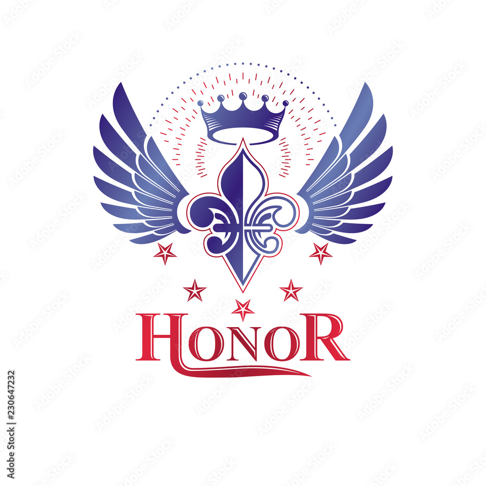 Victorian winged emblem composed using lily flower, monarch crown and pentagonal stars. Royal quality award vector design element, business label. Victorian winged emblem composed using lily flower, monarch crown and pentagonal stars. Royal quality award vector design element, business label.