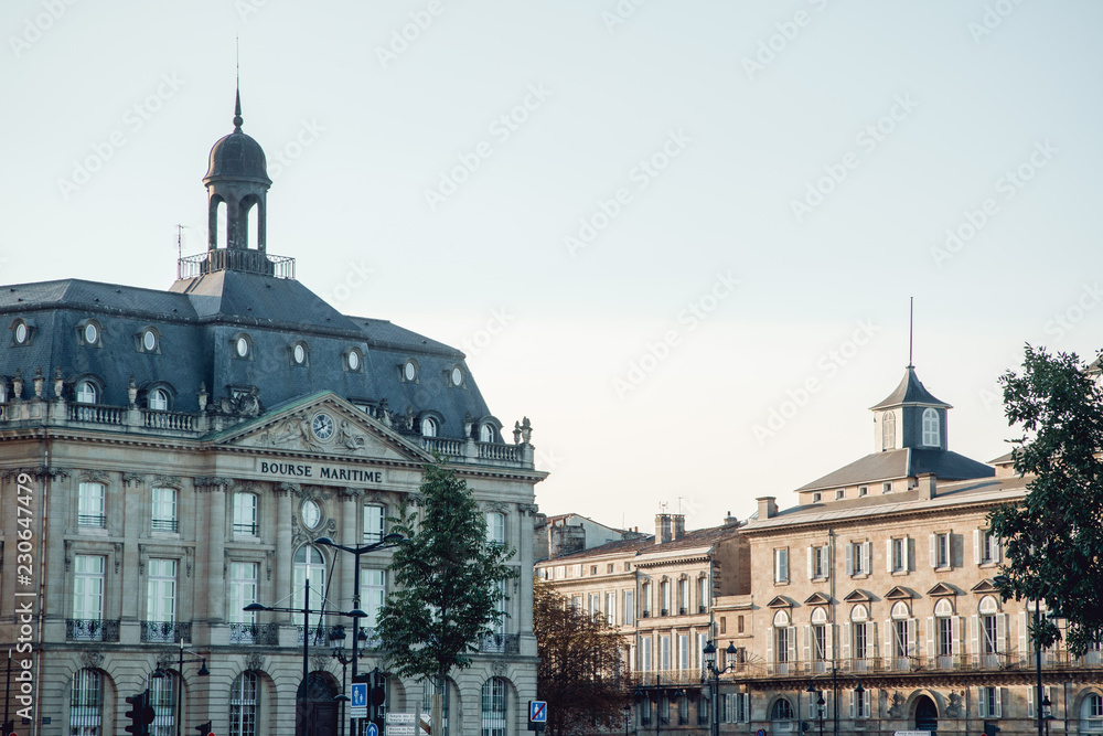 Cityscape in Bordeaux on Place de la Bourse with classical french architecture