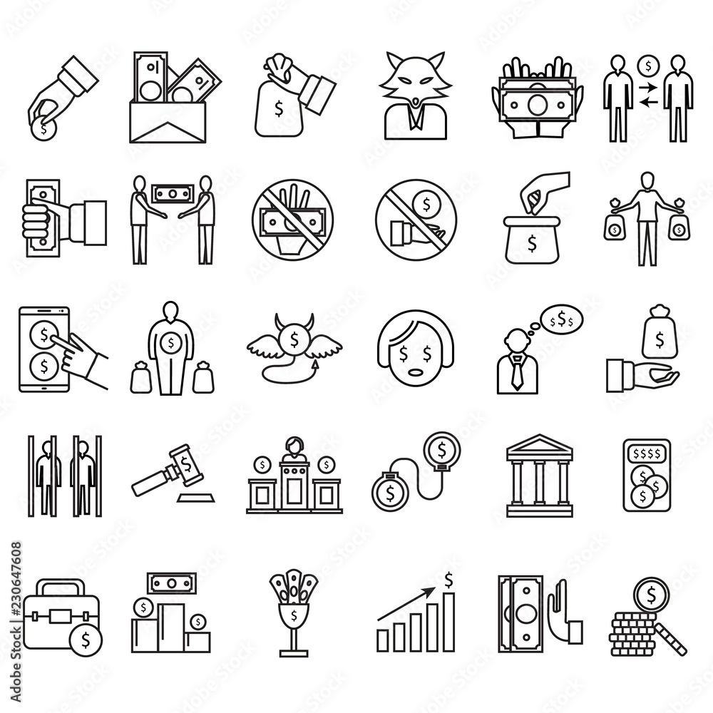 Fototapeta premium Corruption and Dishonesty Signs Black Thin Line Icon Set. Vector