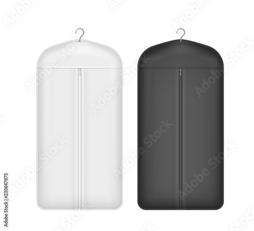 Realistic Detailed 3d White and Black Blank Storage Clothes Cover Mockup Set. Vector