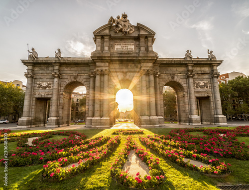 The Puerta de Alcala at sunset, famous arch landmark in Madrid Spain