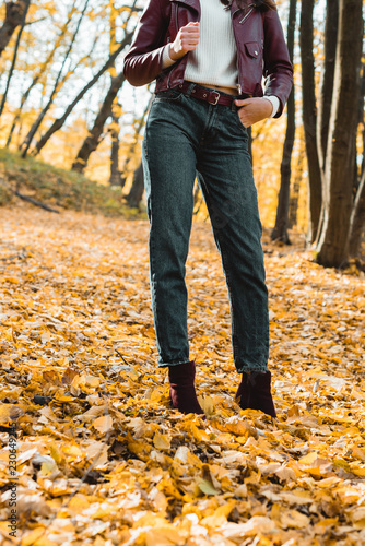 cropped image of fashionable woman in jeans and leather jacket posing in autumnal park