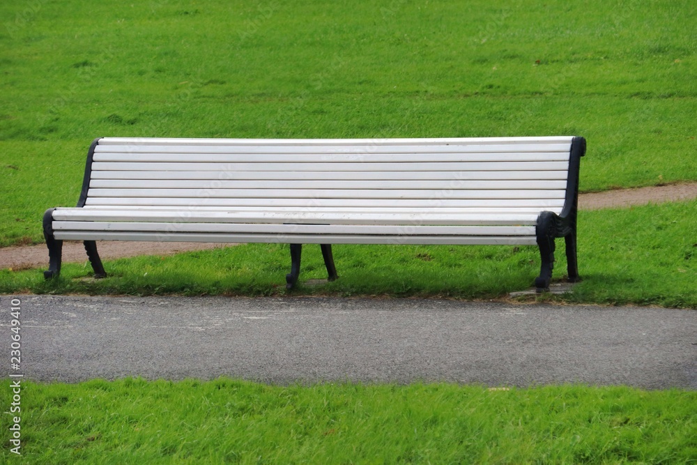 The white long bench in the park with green grass and footpath. Object and park concept. The white long bench in the park with green grass and footpath. Object and park concept.