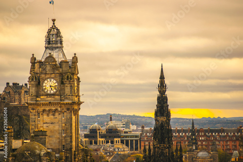 Edinburgh skyline at dawn sunset with dramatic sky and Edinburgh buildings and architecture tourism travel concept Scotland