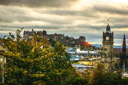 Edinburgh skyline at dawn sunset with dramatic sky and Edinburgh buildings and architecture tourism travel concept Scotland