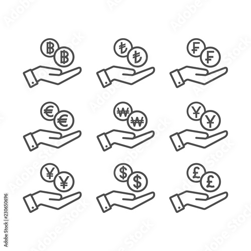 Human hand and money coins dropping.  Savings and payment concept thin line icon set.
