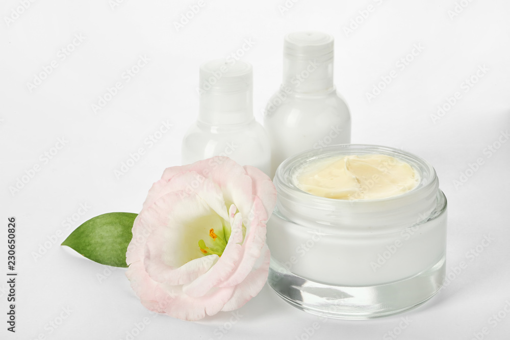 Jar with cream and bottles on white background. Hand care cosmetics