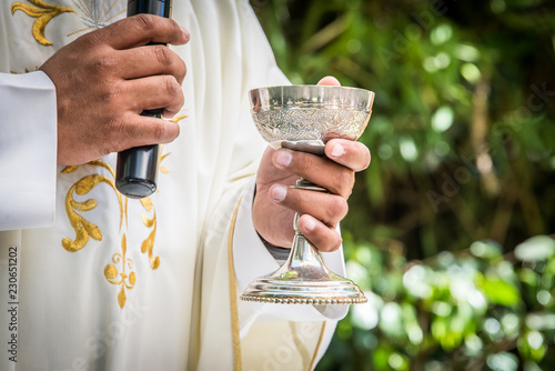 padre catolico celebrando misa con copa de vino photo