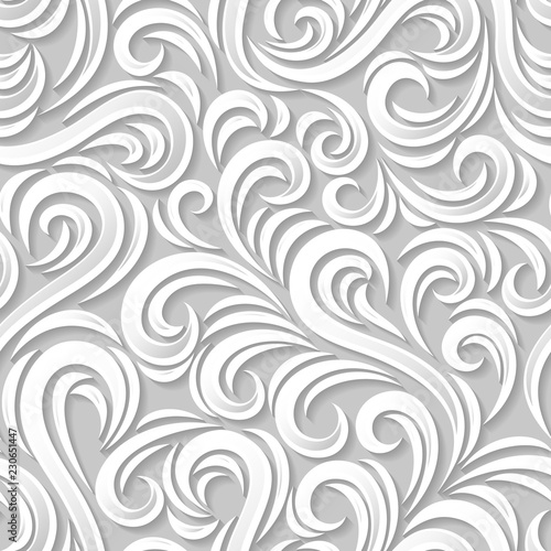 Swirl seamless background. White curves with shadows. Stock vector endless backdrop.