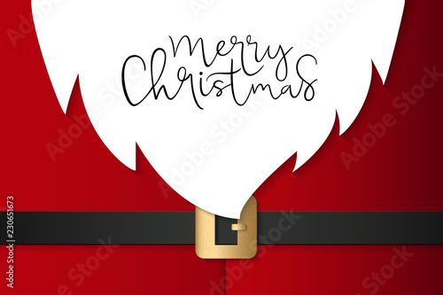Vector illustration of greeting banner template with hand lettering label - merry Christmas - with paper santa suite, belt and beard