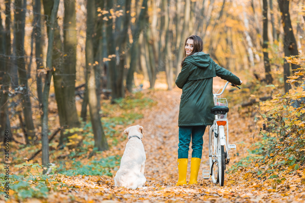 Fototapeta premium smiling woman with bicycle and her golden retriever sitting near on yellow leafy path in forest