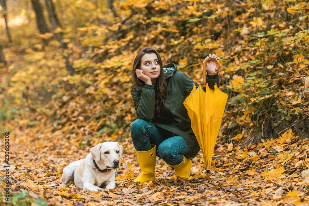 attractive girl with yellow umbrella siting near golden retriever in autumnal forest