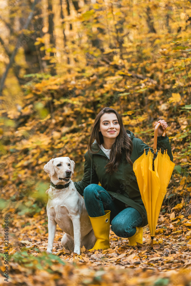 happy young woman with yellow umbrella siting with dog in autumnal forest