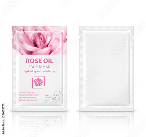 Facial sheet mask sachet package mockup set. Vector realistic illustration isolated on white background.