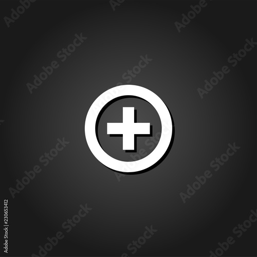 Medical cross icon flat. Simple White pictogram on black background with shadow. Vector illustration symbol