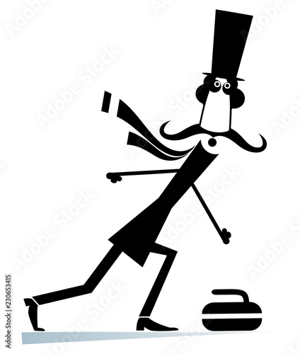 Mustache man in the top hat plays curling isolated illustration. Mustache gentleman in the top hat pushes a stone towards a black on white illustration 
